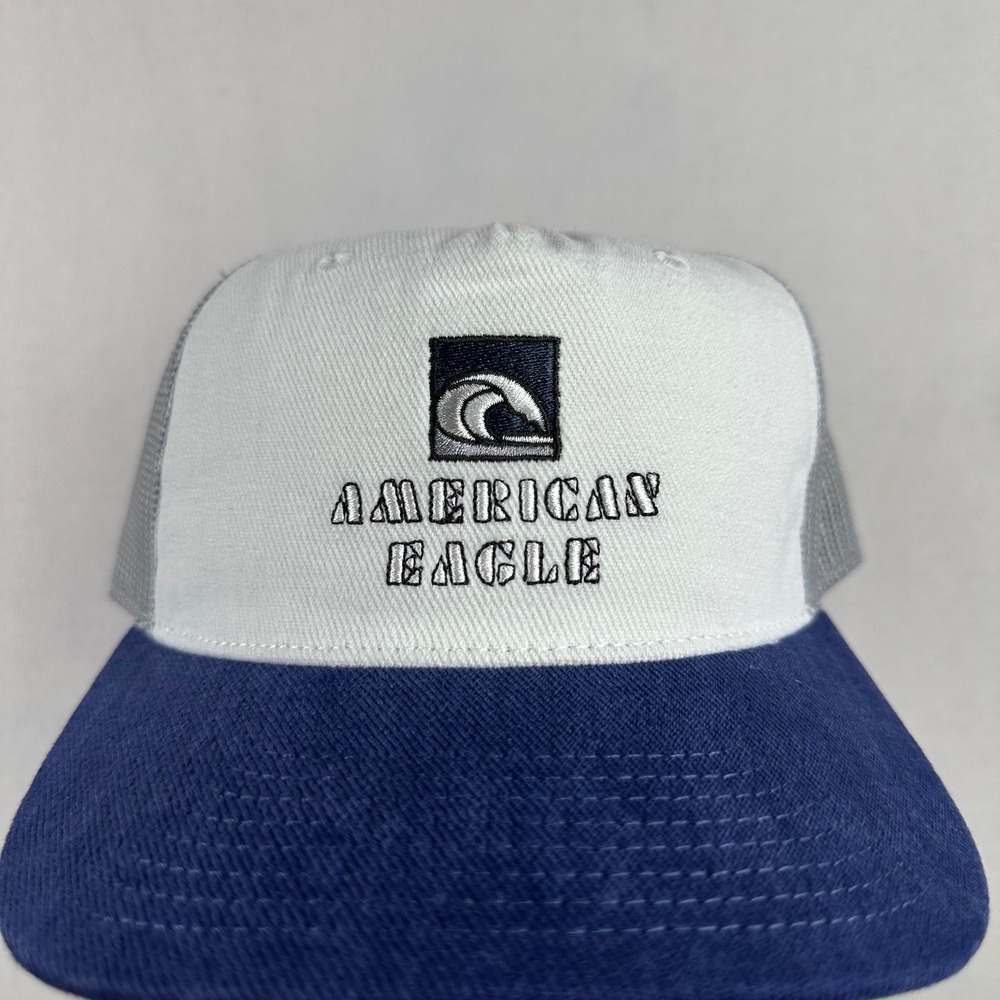 American Eagle Trucker Hat Mens OS Blue White Mesh Snapback Wave Logo Surf Y2K